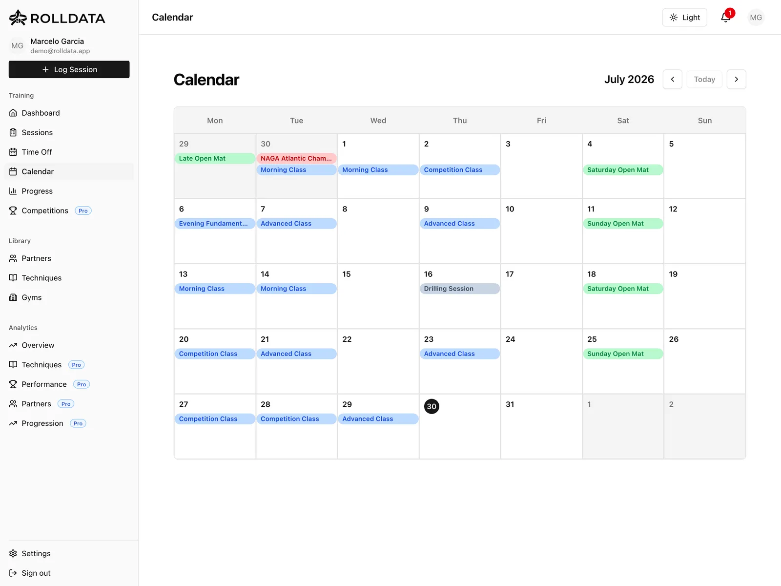 RollData Training Calendar screen